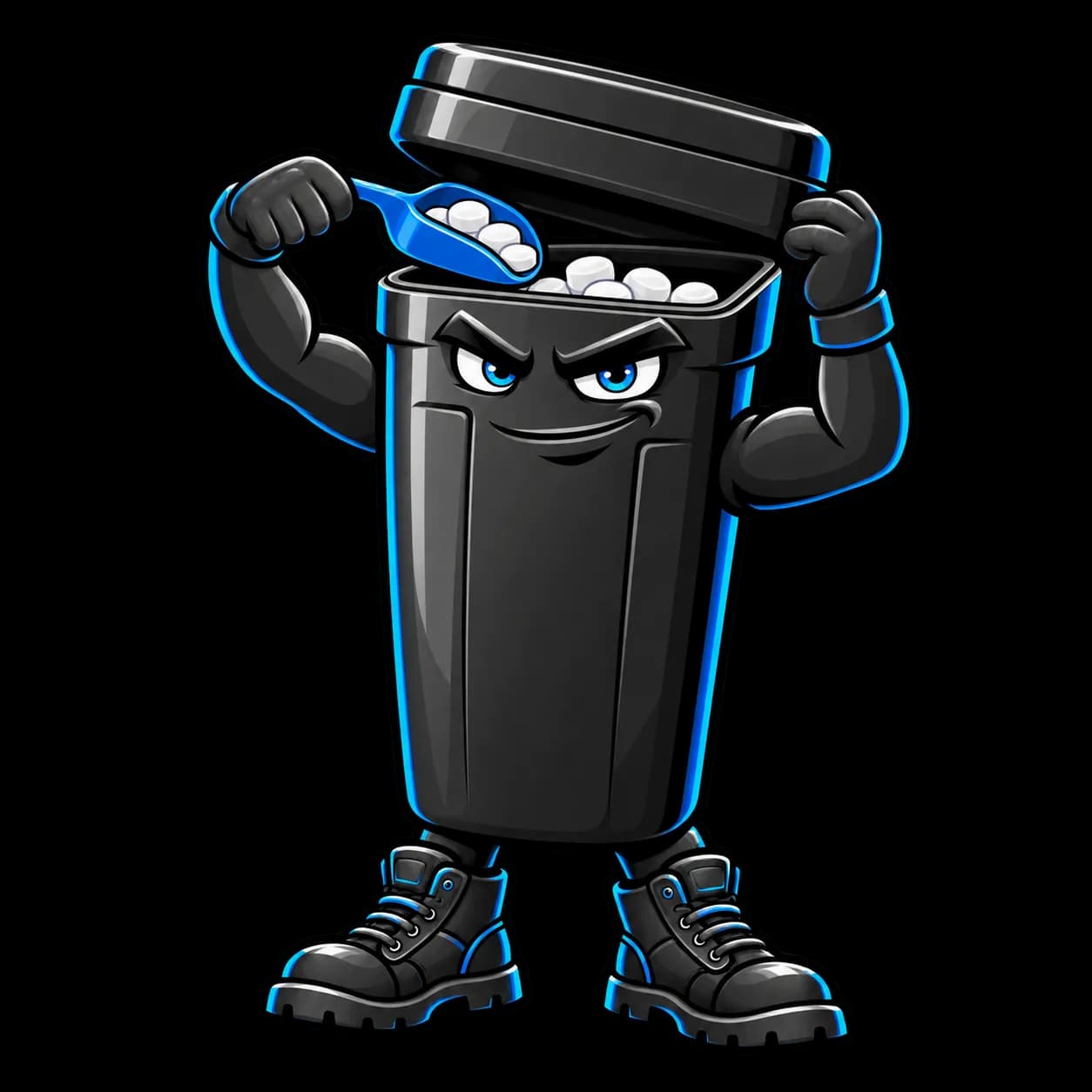 Brine tank mascot flexing while scooping softener salt pellets