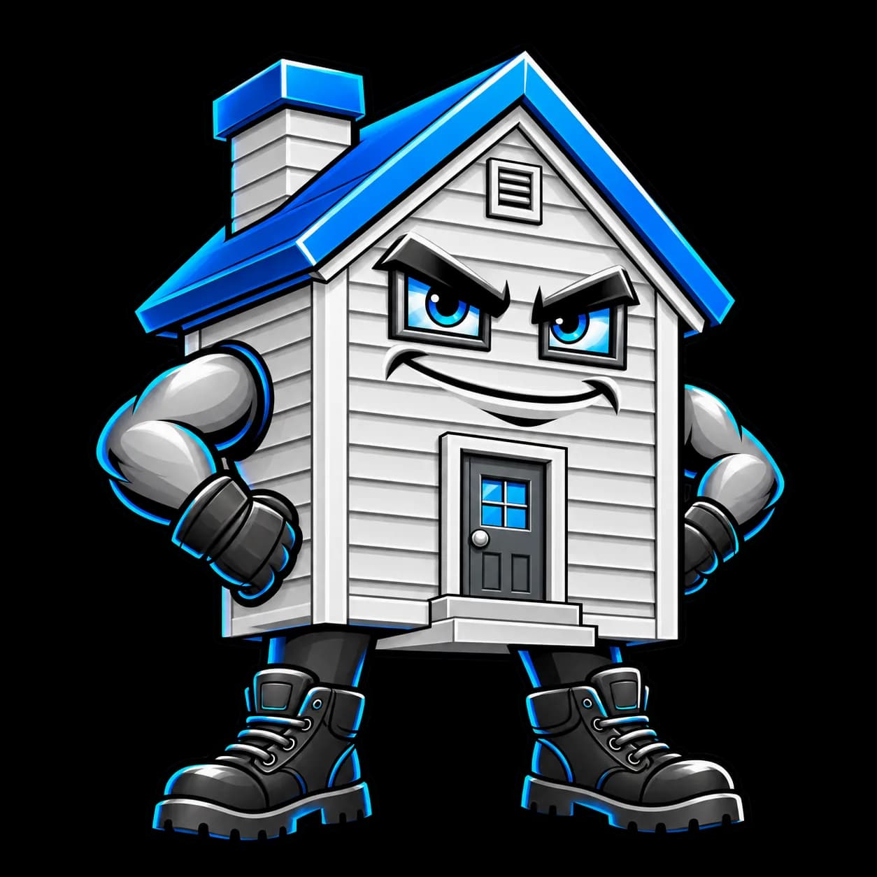 House mascot with hands on hips, wearing work boots