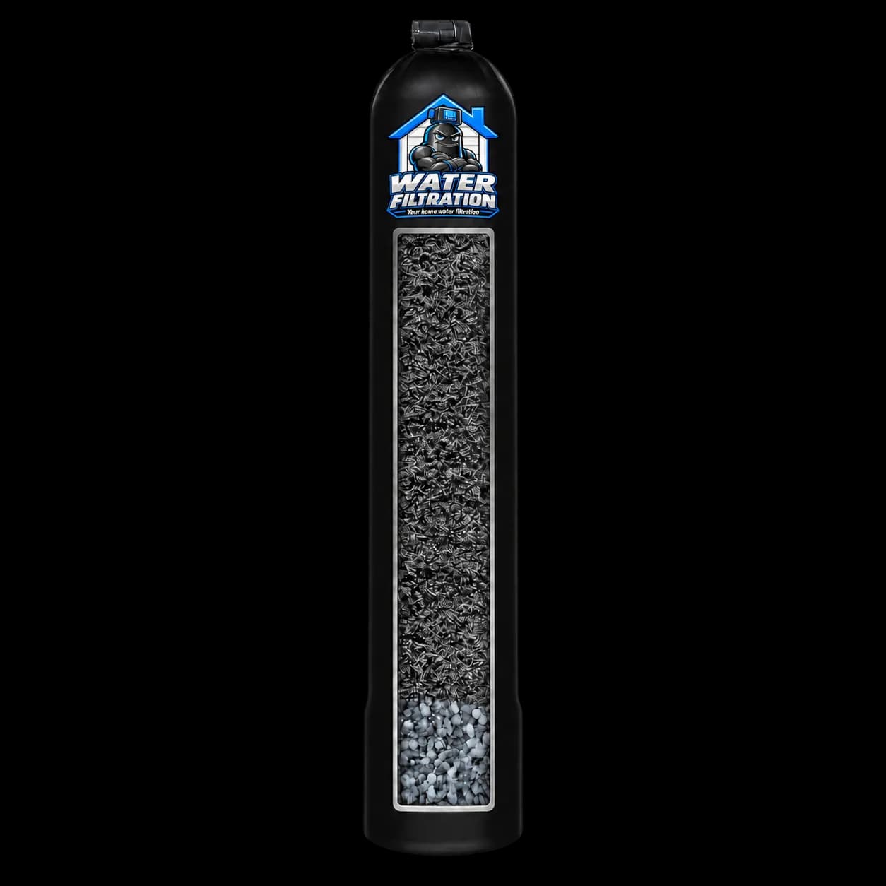 Whole-house carbon filtration tank, cutaway showing the carbon media