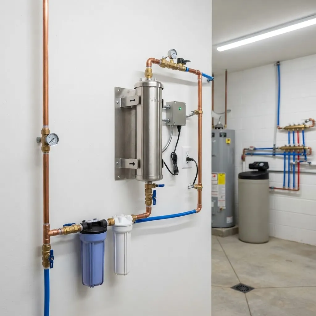 Whole-home UV purification system on a water line