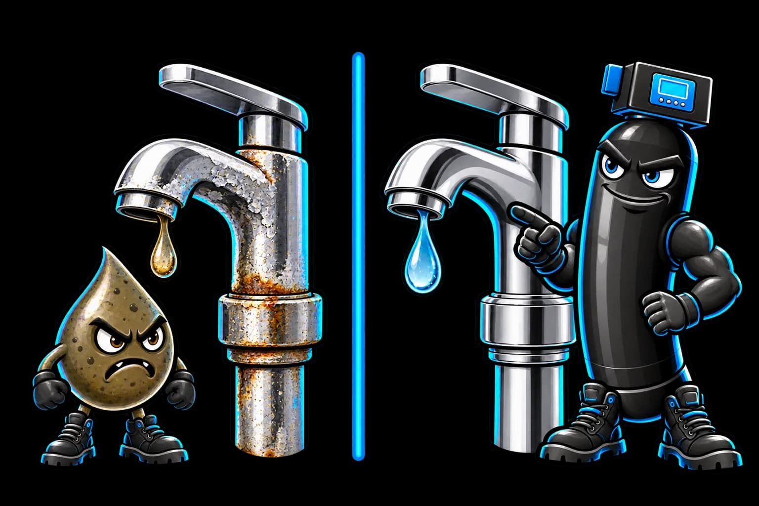 A scaled faucet next to a clean faucet, before and after